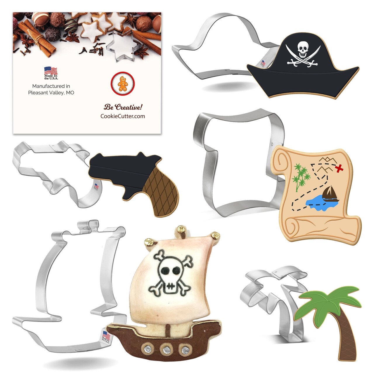 CookieCutter.com 5 Piece Birthday Pirate Cookie Cutter Set Pirate Ship, Pirate Hat, Pistol, Palm Tree, Scroll Letter, Metal Shapes Made in USA, Silver